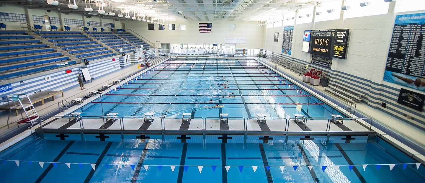 An aerial view of the pool at Oakland University's aquatic center.