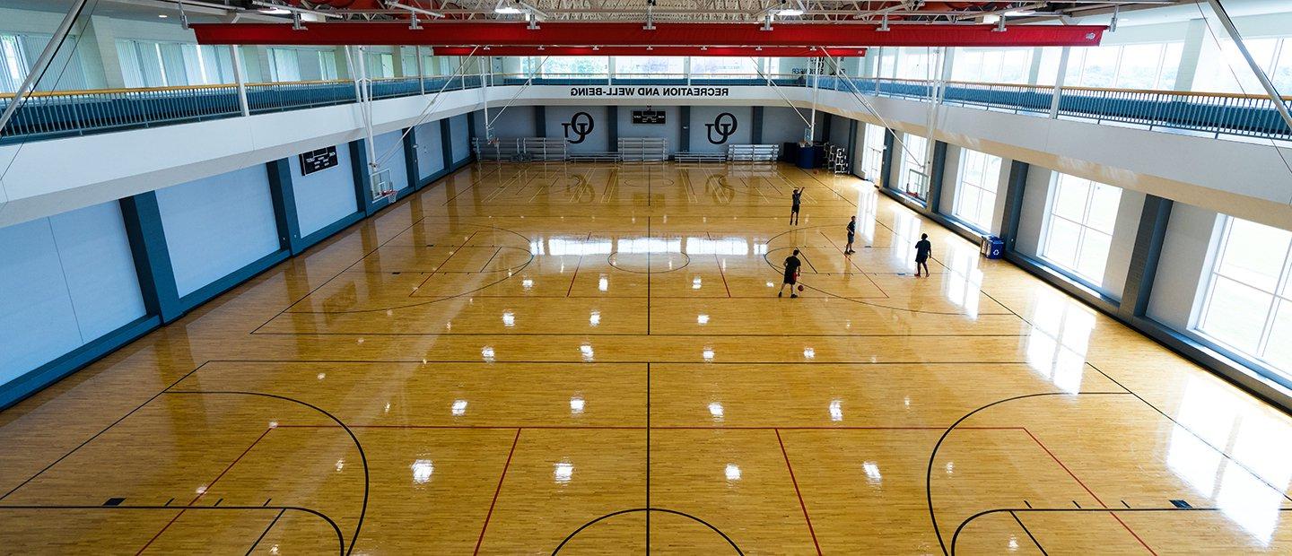 An aerial photo of the basketball court on the Recreation Center.